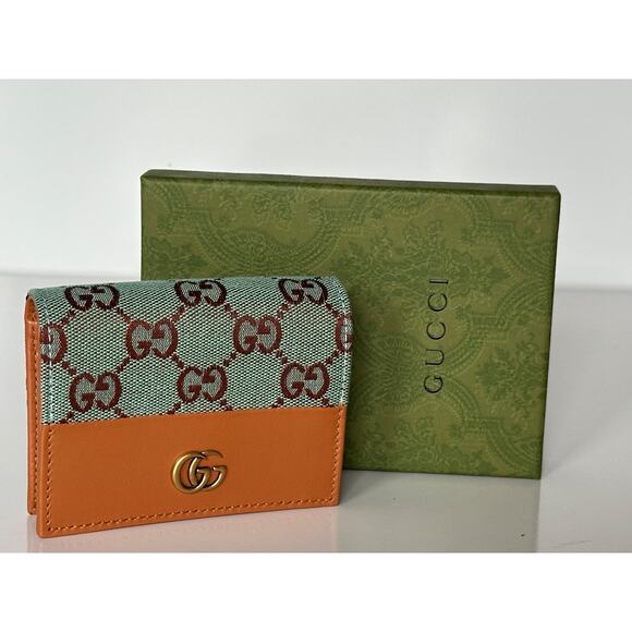 Gucci GG Leather/Canvas Compact Bifold Card Wallet Azure/Brown Italy 783118 NIB - Picture 4 of 15
